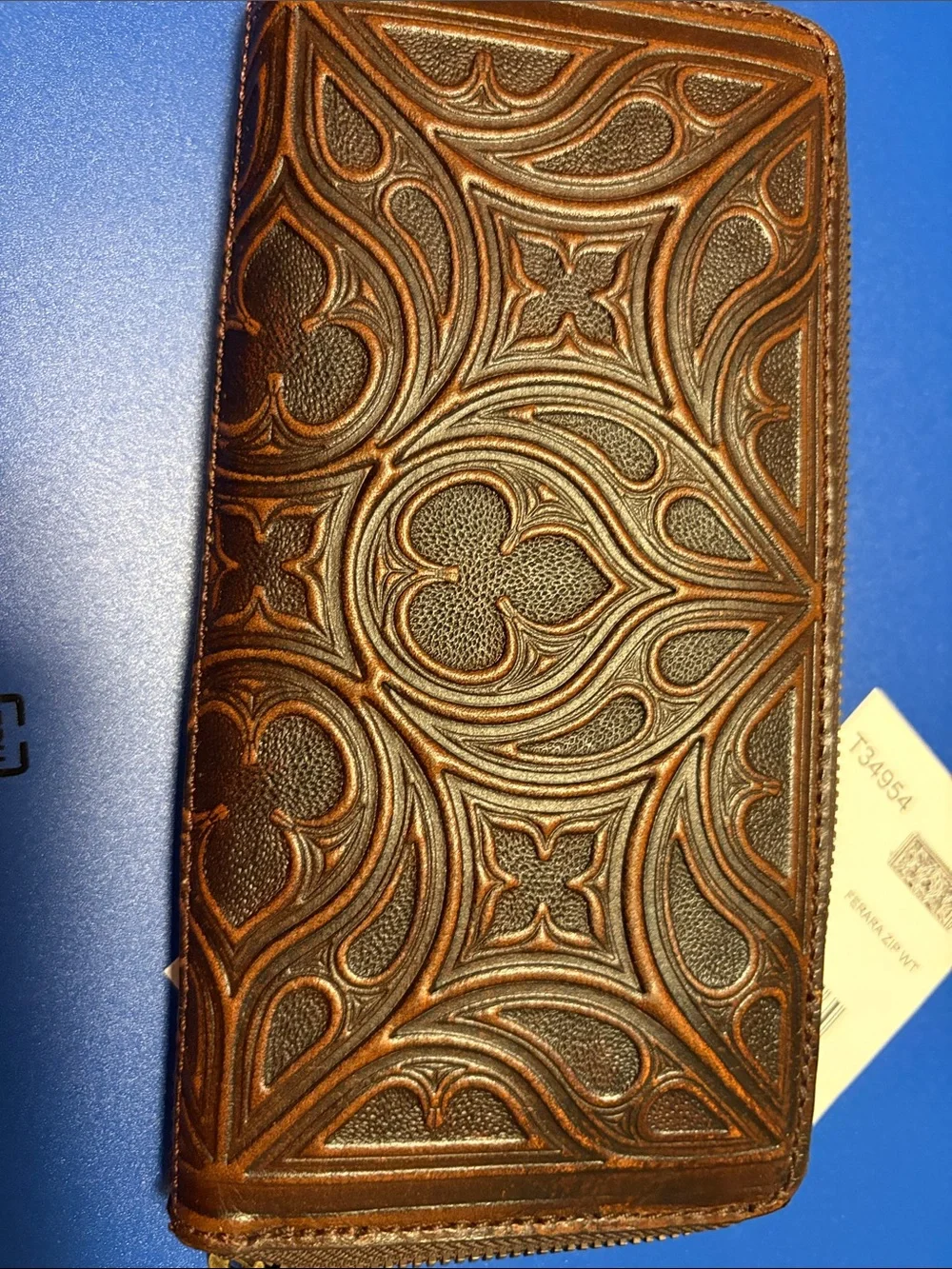 Brighton Toscana Brown Tooled Leather zip wallet Like New